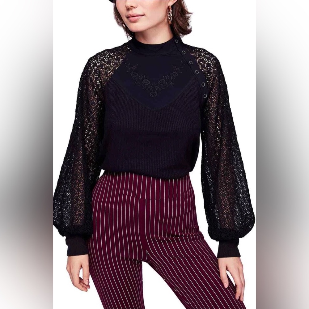 Free People Black Sweetest Thing Thermal Top Crewneck Top